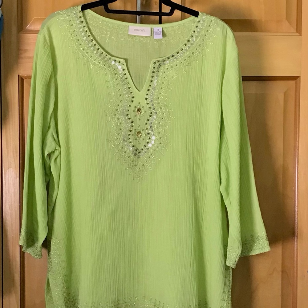Chico’s Women’s Lime Green Embroidered Tunic Top - size 3